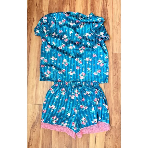 Floral Pajama Set Teal Pink Striped Sleepwear  Matching Shorts Button Up Size M - Picture 3 of 7